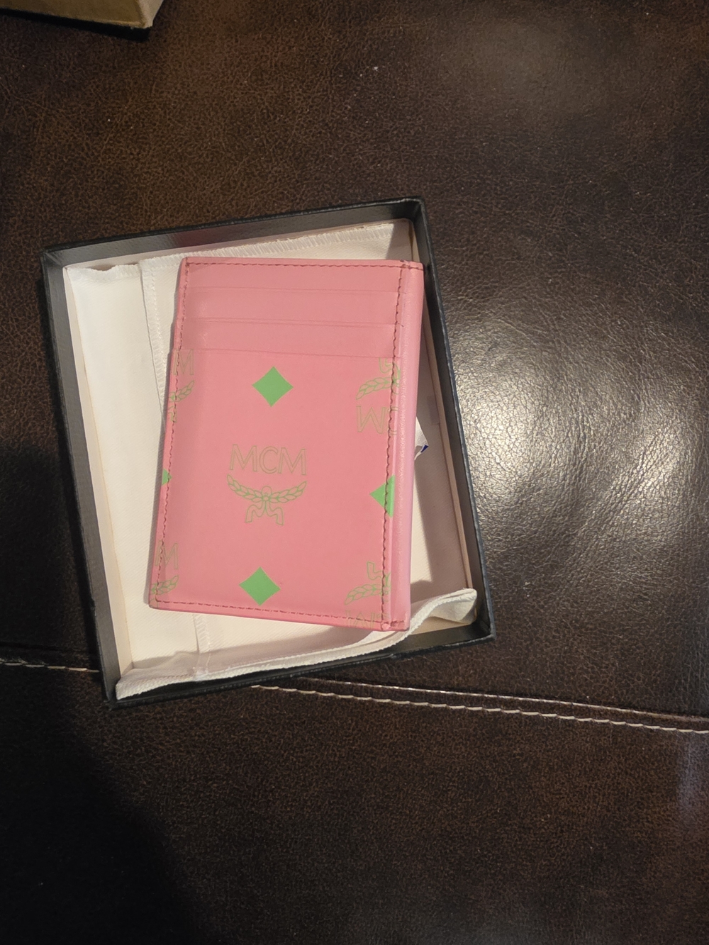 MCM Pink Color Splash Card Holder with Green Accents